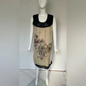 Monsoon Midi Floral Layered Lace  Beige & Black Dress Size S Cottage core